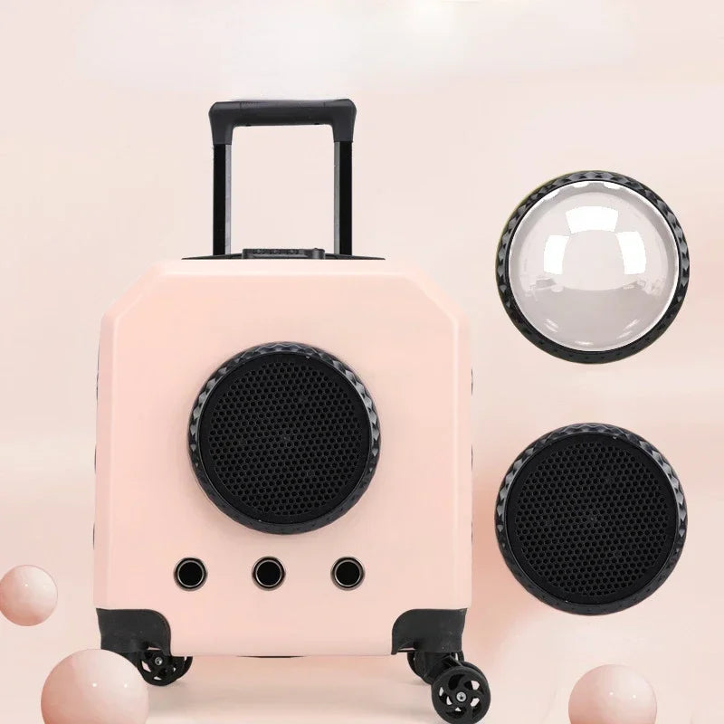 Pet Trolley Case: Transparent capsule design, with wheels, for travel.