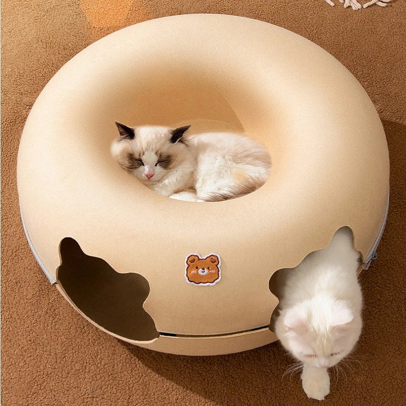 Interactive Cat Toy: Cartoon-shaped, felt tunnel, removable donut, kitten entertainment.