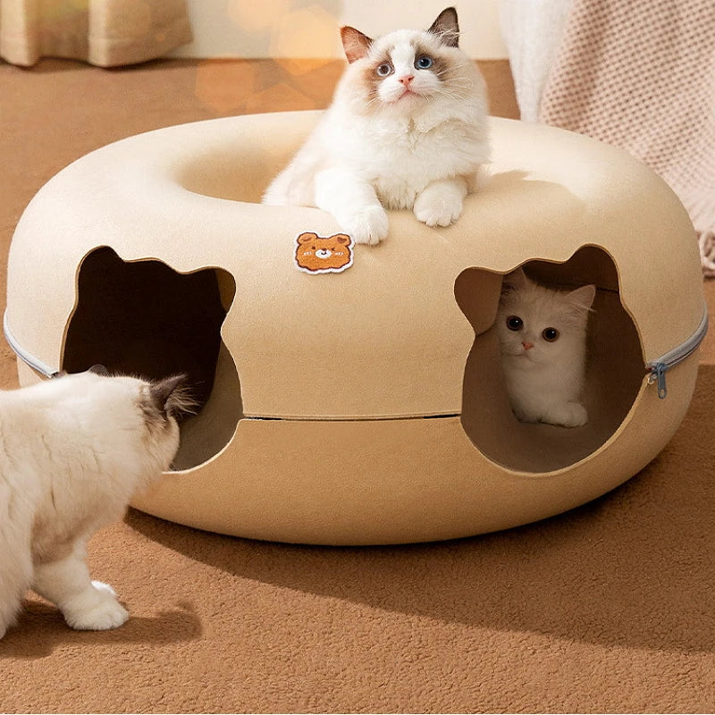 Interactive Cat Toy: Cartoon-shaped, felt tunnel, removable donut, kitten entertainment.