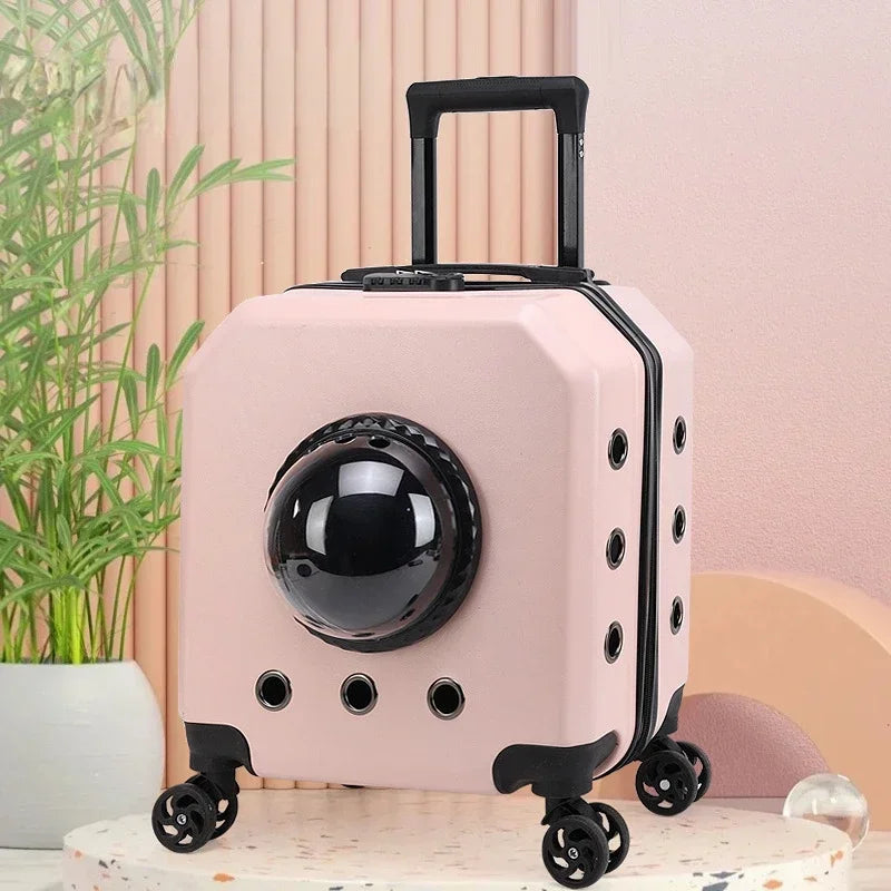 Pet Trolley Case: Transparent capsule design, with wheels, for travel.