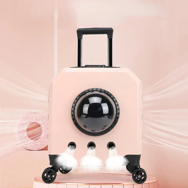 Pet Trolley Case: Transparent capsule design, with wheels, for travel.