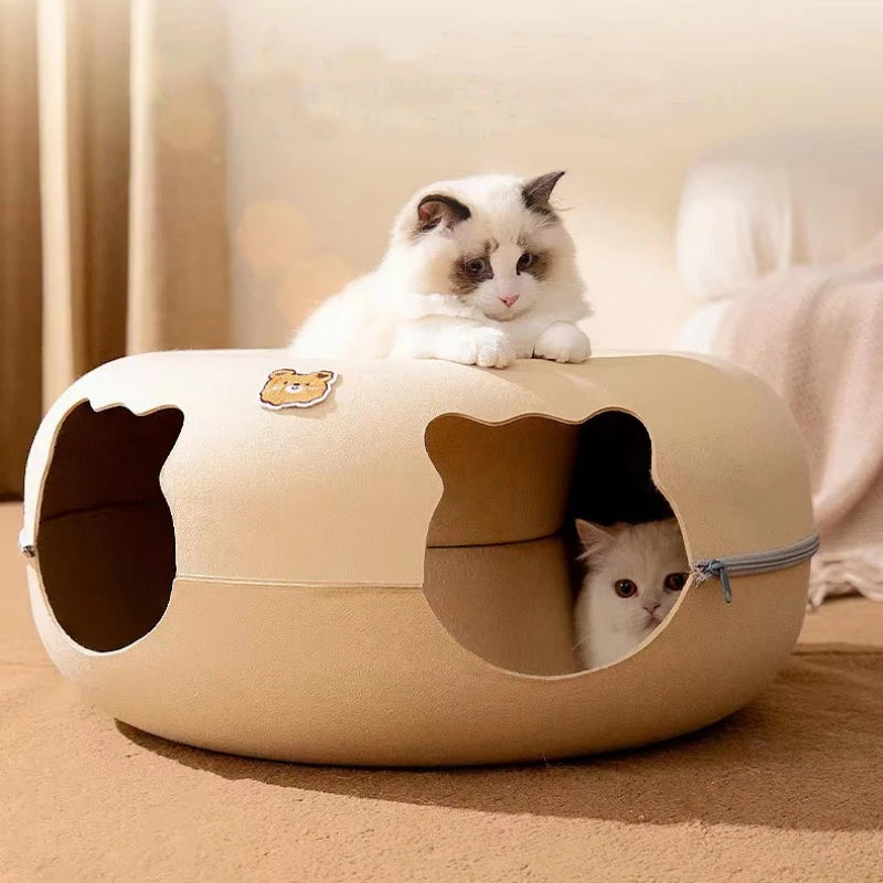 Interactive Cat Toy: Cartoon-shaped, felt tunnel, removable donut, kitten entertainment.
