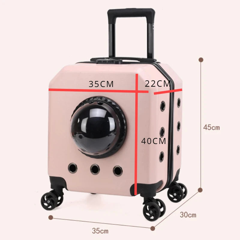 Pet Trolley Case: Transparent capsule design, with wheels, for travel.