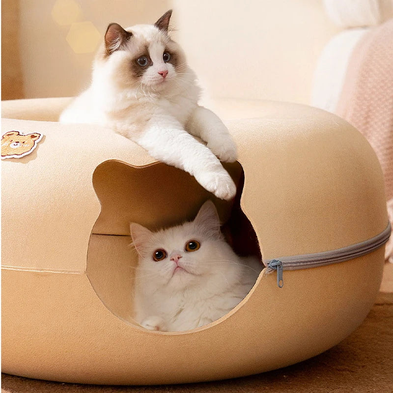 Interactive Cat Toy: Cartoon-shaped, felt tunnel, removable donut, kitten entertainment.
