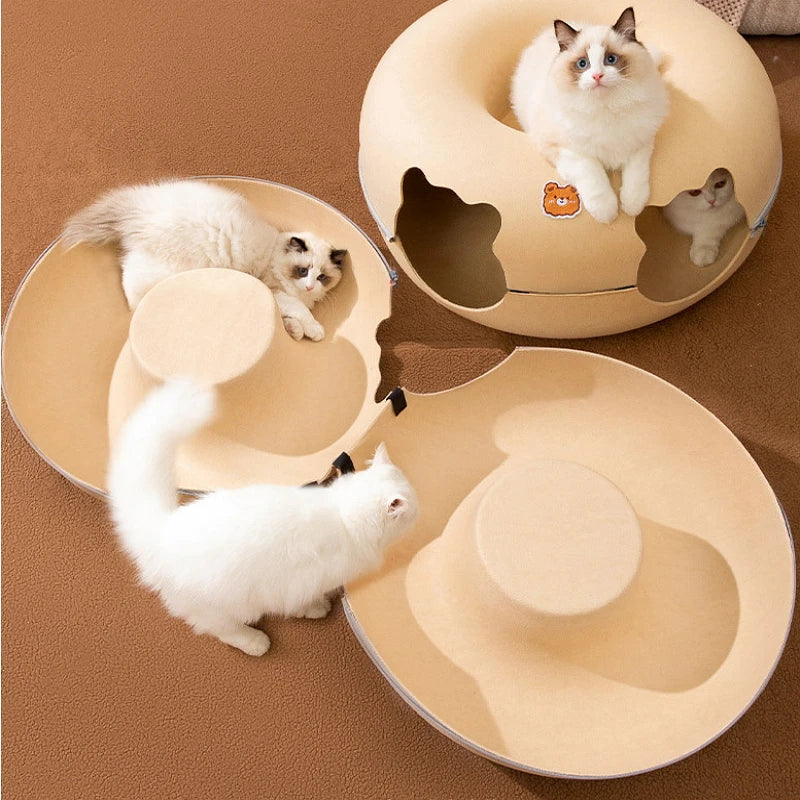 Interactive Cat Toy: Cartoon-shaped, felt tunnel, removable donut, kitten entertainment.