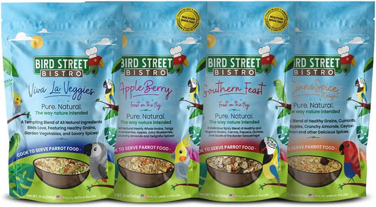 Parrot Food Sample 4 Pack: Parakeet, Cockatiel, Bird Food, Non-GMO Fruits, Healthy Spices
