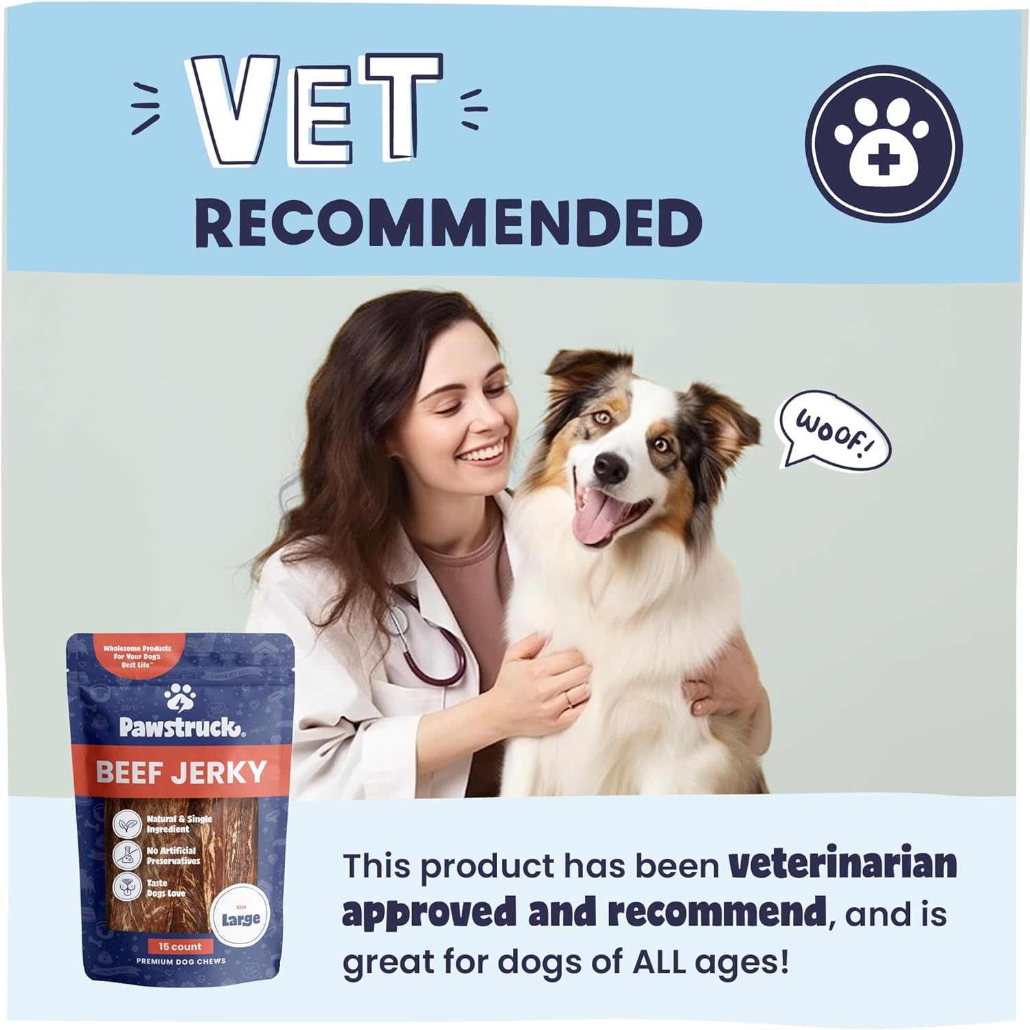 Premium Beef Jerky Dog Treat Chews: Large 10" Strips, Support Hip & Joint Health, No Added Preservatives, 15 Count