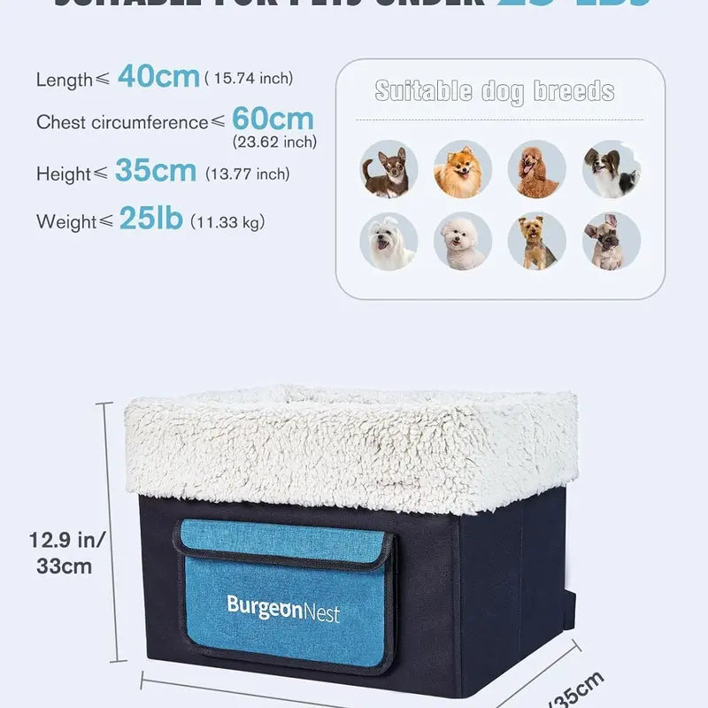Burgeonnest Dog Car Seat for Small Dogs, Puppy Portable Dog Booster Seat for Car with Upgrade Base Design, Adjustable Straps, with Storage Pockets and Clip-On Leash Portable Dog Car Travel Carrier Bed