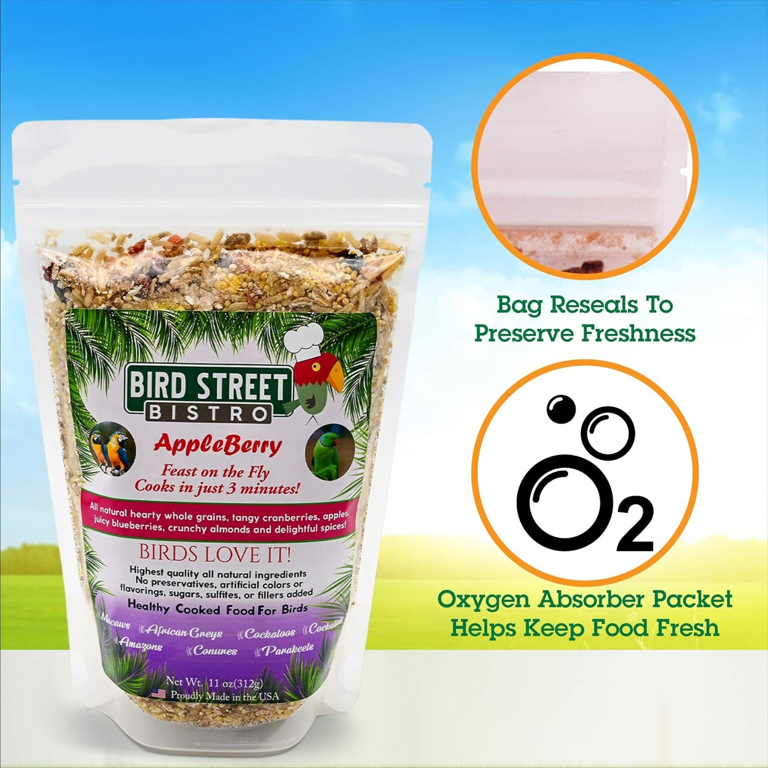 Parrot Food Sample 4 Pack: Parakeet, Cockatiel, Bird Food, Non-GMO Fruits, Healthy Spices