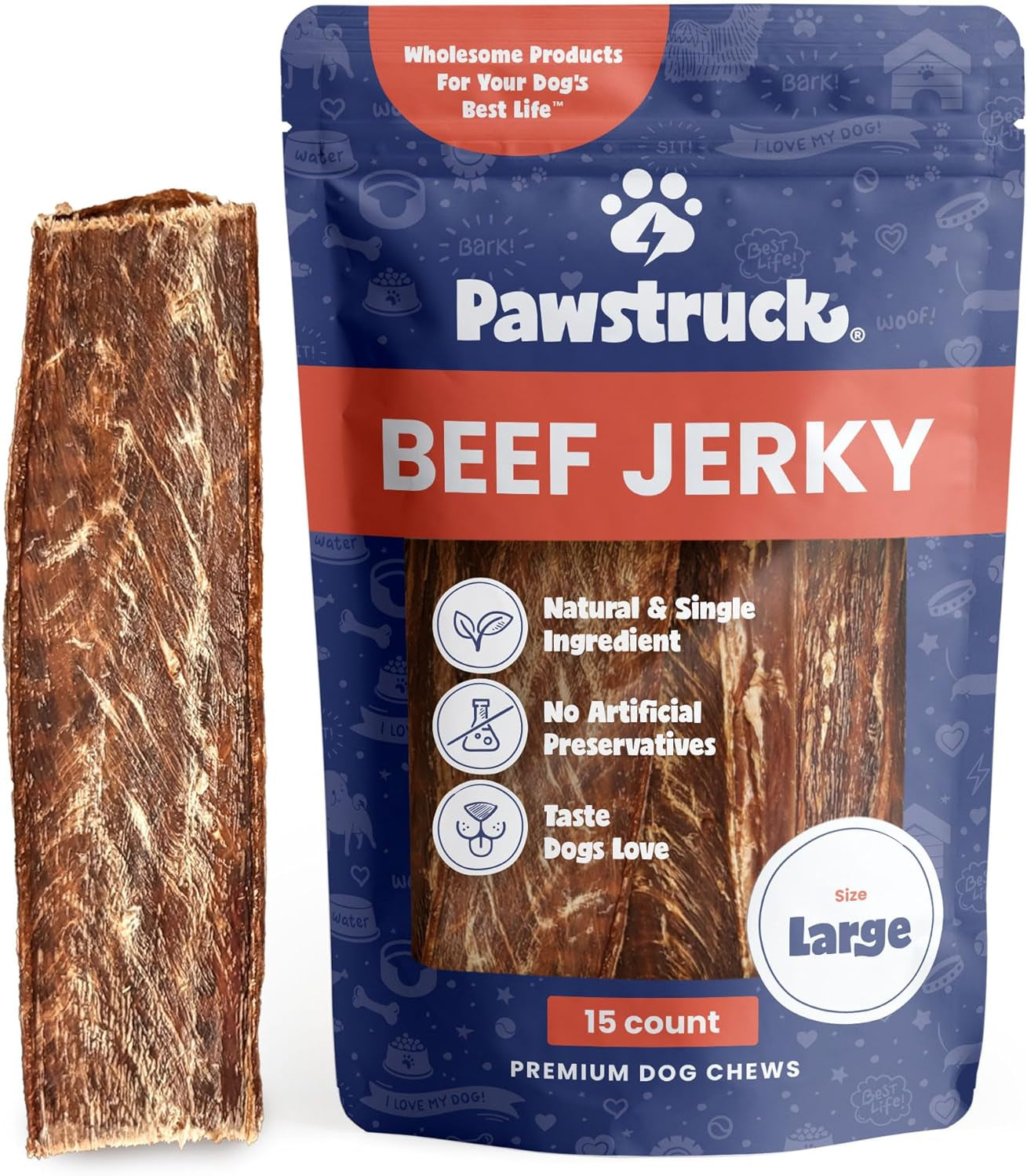Premium Beef Jerky Dog Treat Chews: Large 10" Strips, Support Hip & Joint Health, No Added Preservatives, 15 Count