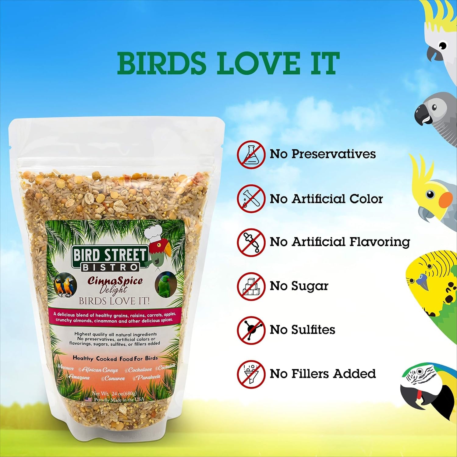 Parrot Food Sample 4 Pack: Parakeet, Cockatiel, Bird Food, Non-GMO Fruits, Healthy Spices