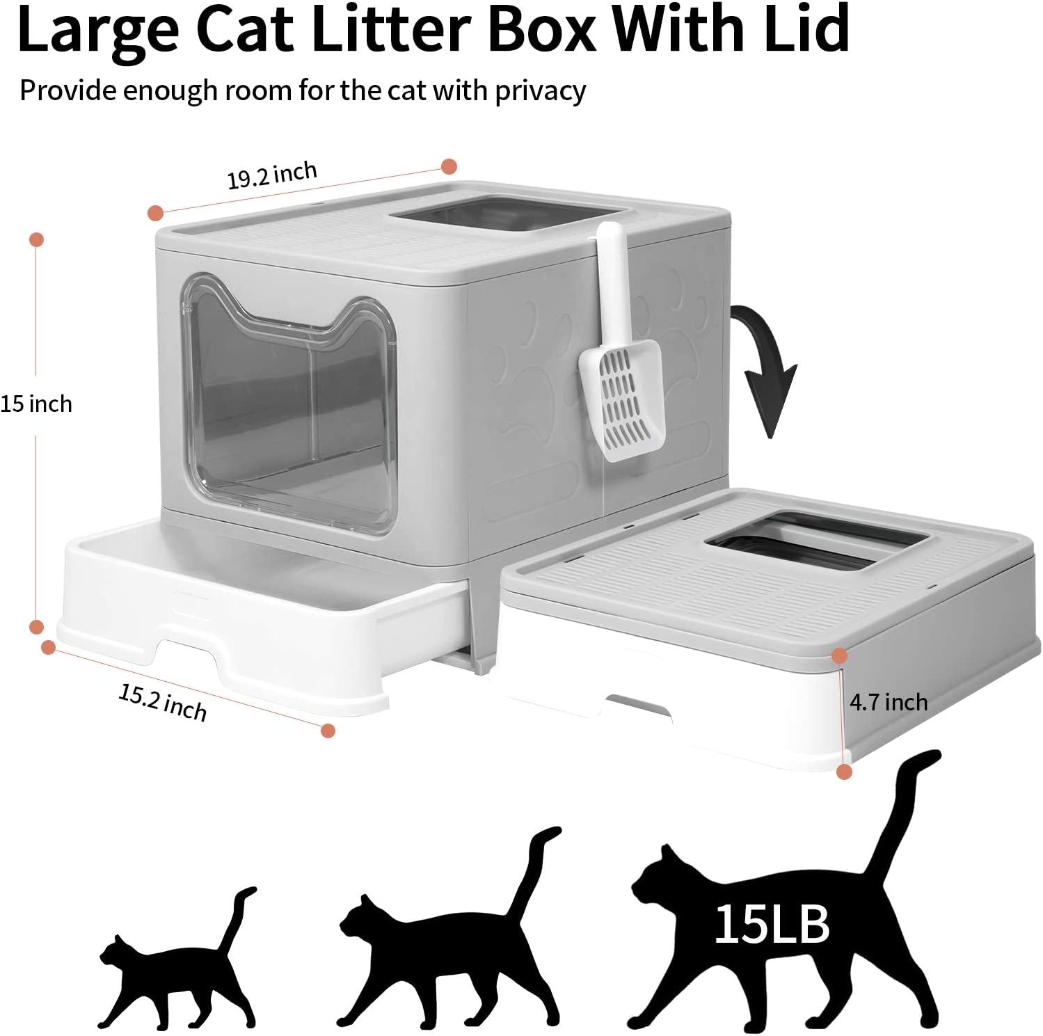 Large Top Entry Cat Litter Box: Foldable, Covered, Anti-Splashing (Gray)