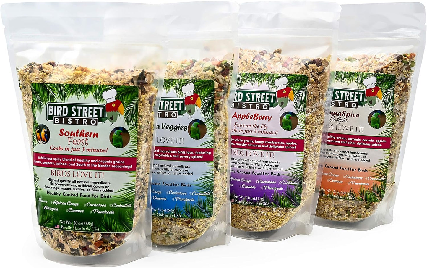 Parrot Food Sample 4 Pack: Parakeet, Cockatiel, Bird Food, Non-GMO Fruits, Healthy Spices