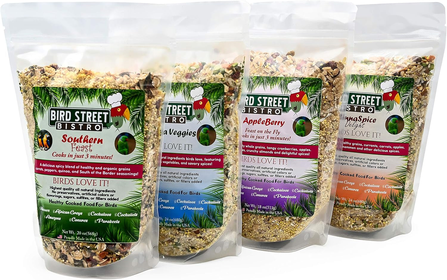 Parrot Food Sample 4 Pack: Parakeet, Cockatiel, Bird Food, Non-GMO Fruits, Healthy Spices