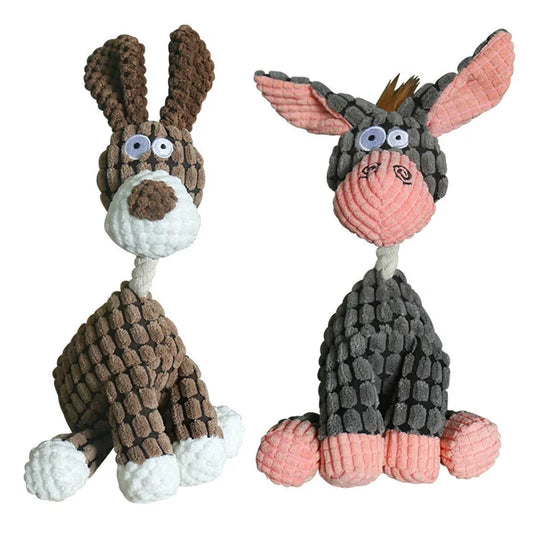 Donkey Chew Toy: Corduroy plush toy for dogs with squeaker.