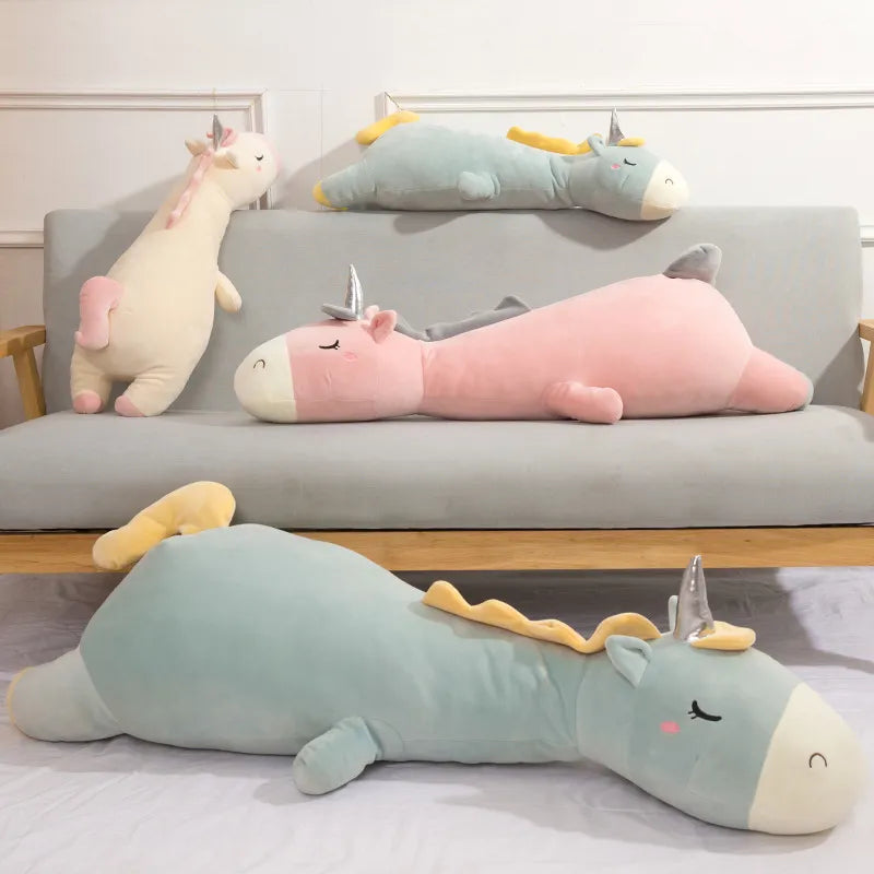 Giant Unicorn Stuffed Toy: High-quality sleeping pillow with silver horn.
