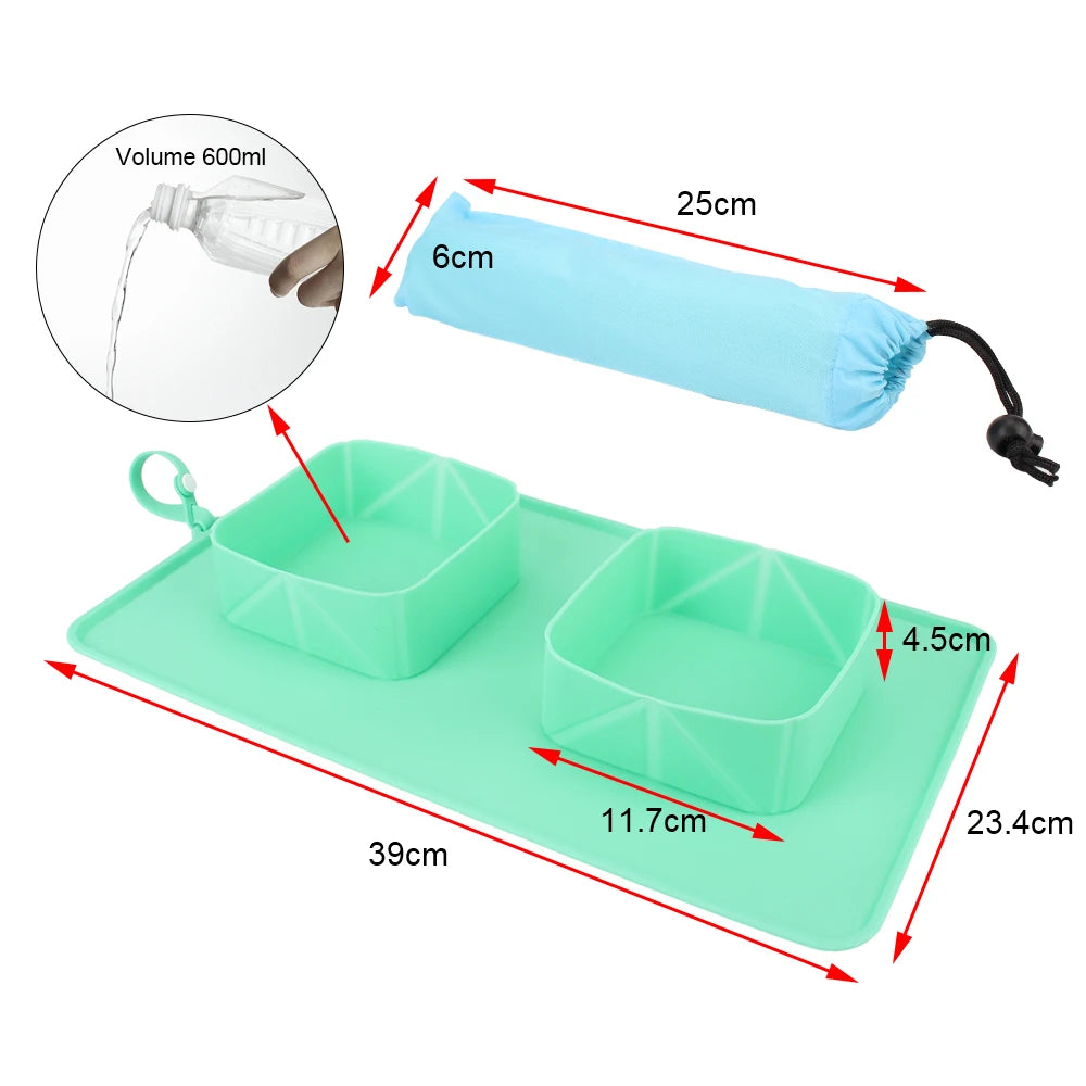 Folding Double Bowl: Water Feeder Food Container, Pet Supplies For Dogs Cats Silicone With Flannel Bag