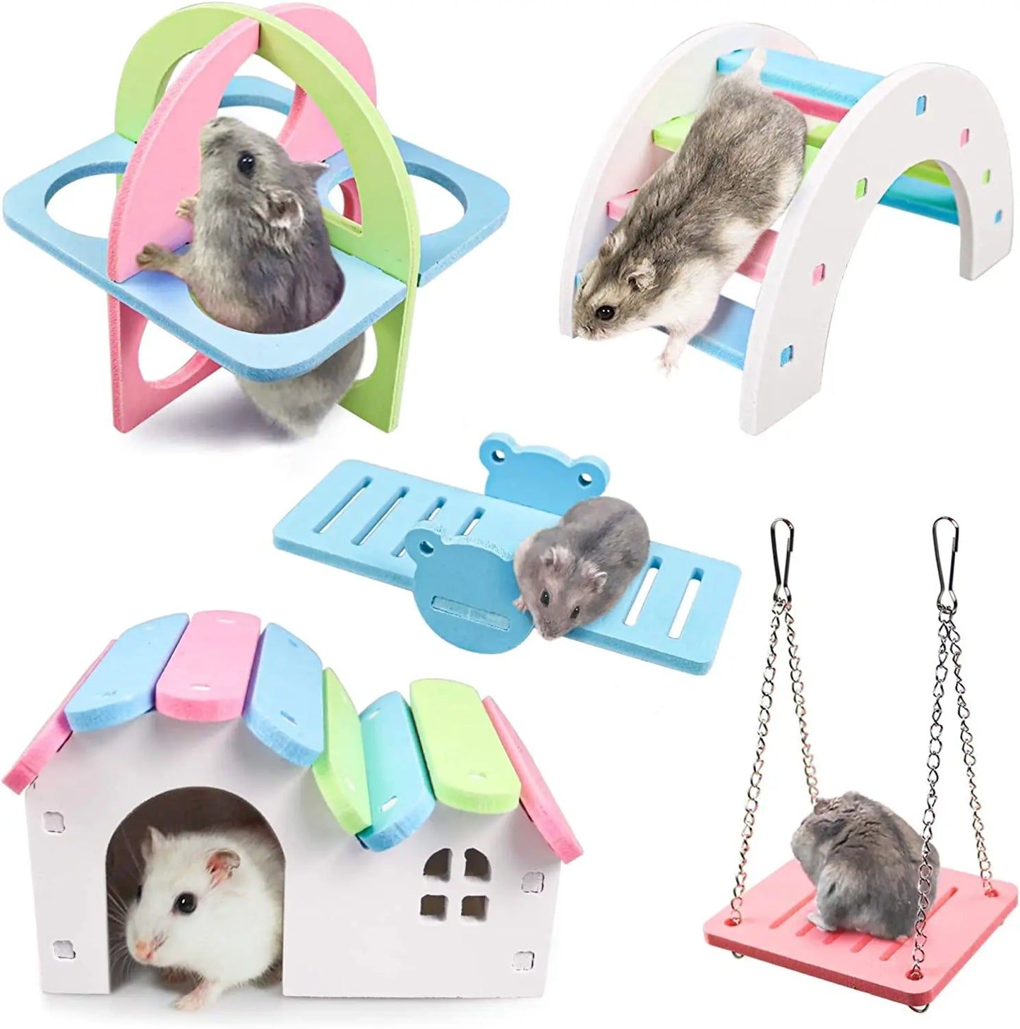 Hamster Wooden Toys: Rainbow Bridge, Seesaw Swing, Activity Climb Toy