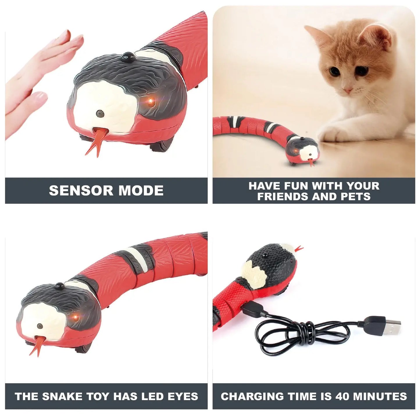 Smart sensing cat toys: USB rechargeable, interactive snake teaser.