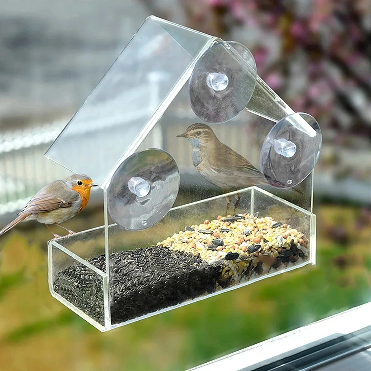 Window Wild Bird Feeder House: Transparent table with sliding tray.