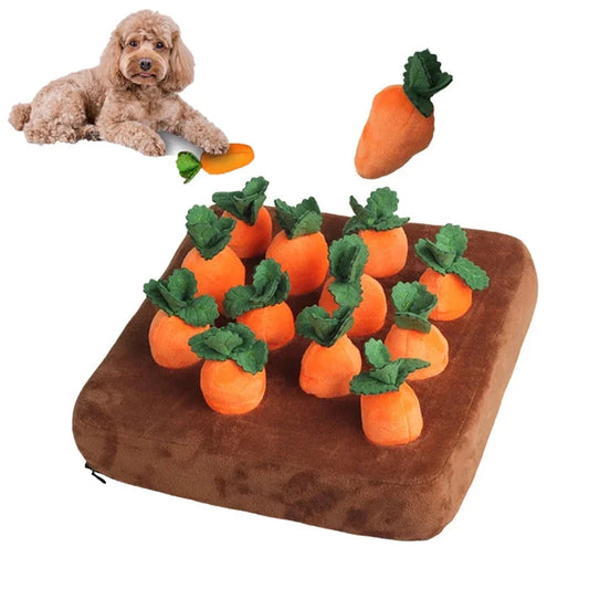 Snuffle Mat Dog Toy: Plush vegetable field, innovative design, interactive play.