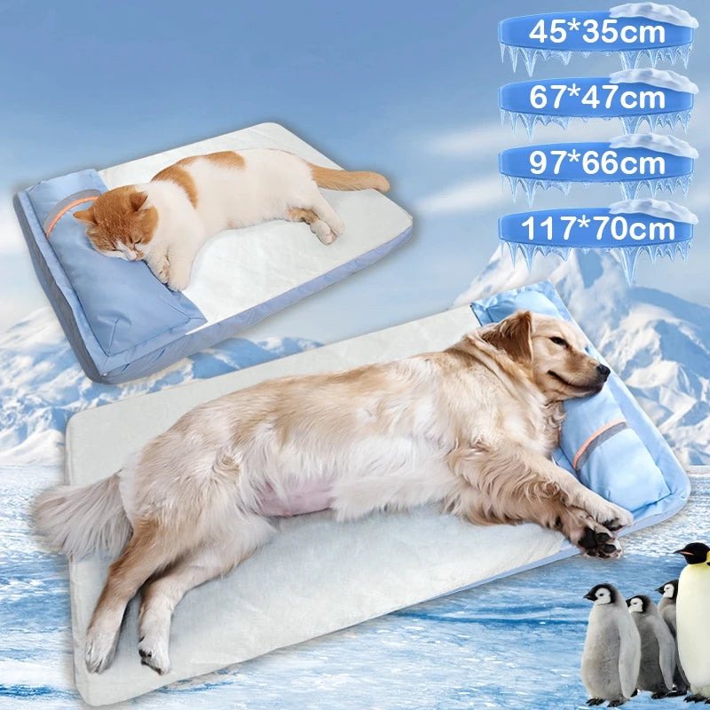 Summer pet bed: Cooling mat with pillow for dogs.