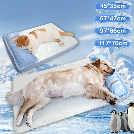 Summer pet bed: Cooling mat with pillow for dogs.