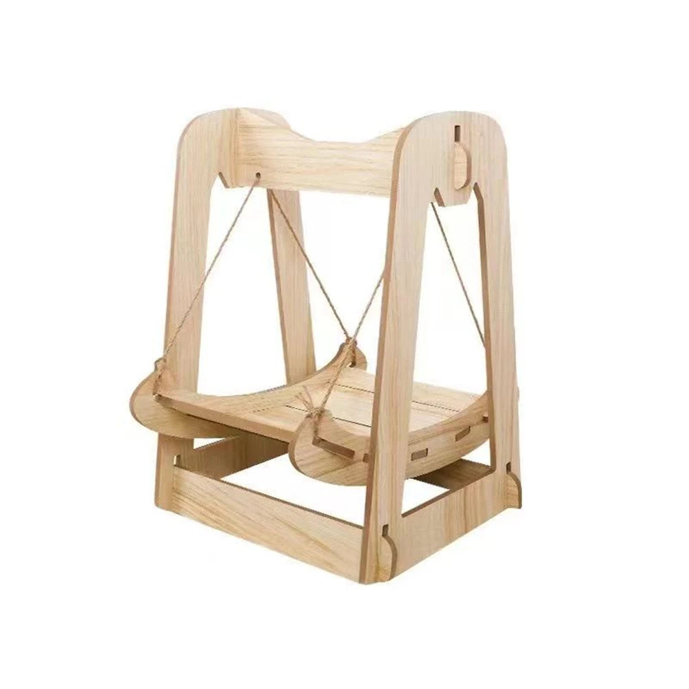 Sleeping Furniture: Wooden bed frame, hanging swing, elevated small pet nest.