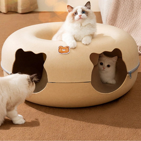 Interactive Cat Toy: Cartoon-shaped, felt tunnel, removable donut, kitten entertainment.