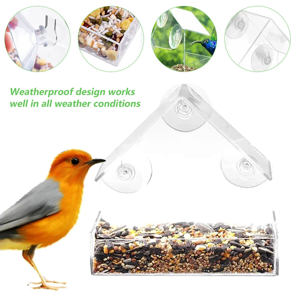 Window Wild Bird Feeder House: Transparent table with sliding tray.