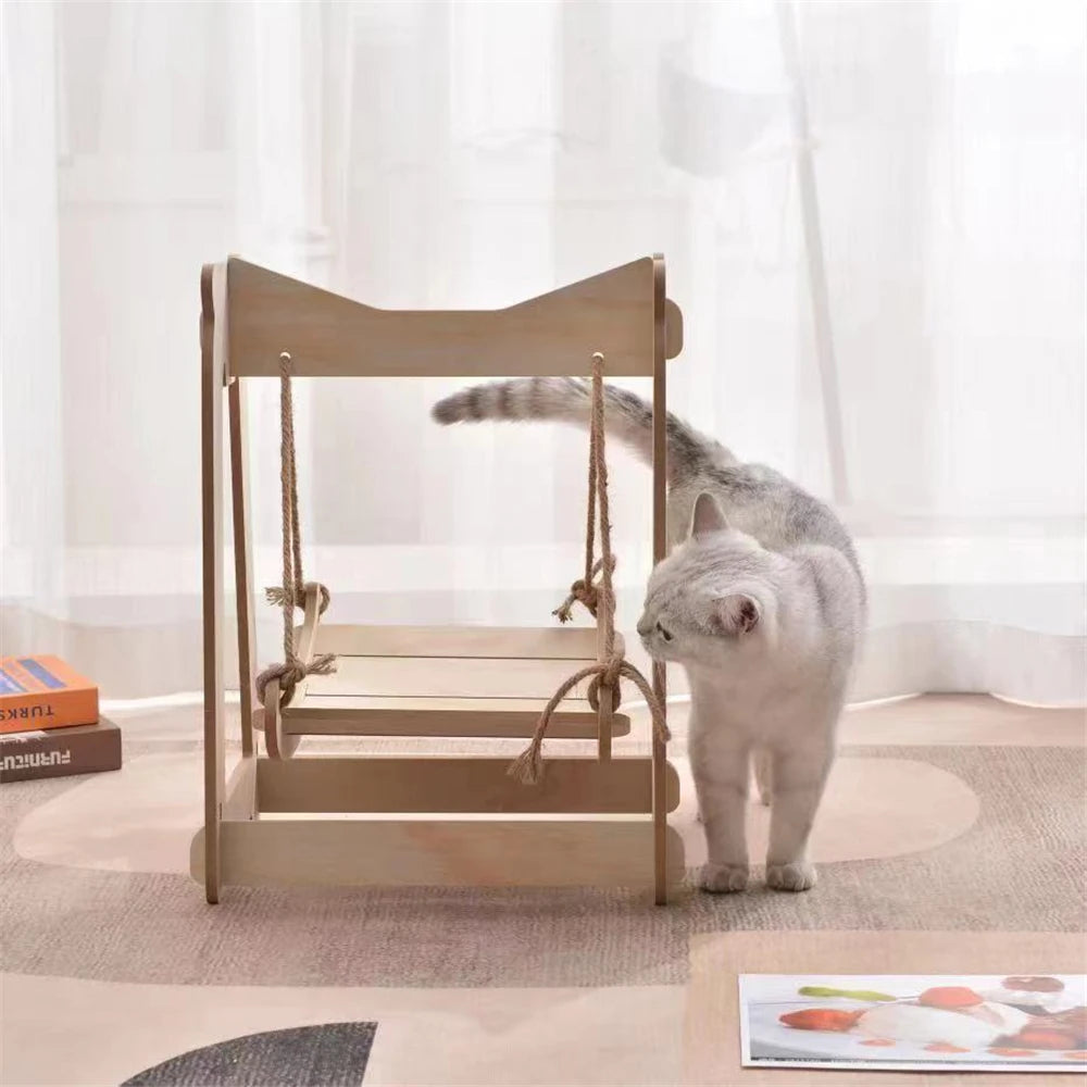 Sleeping Furniture: Wooden bed frame, hanging swing, elevated small pet nest.