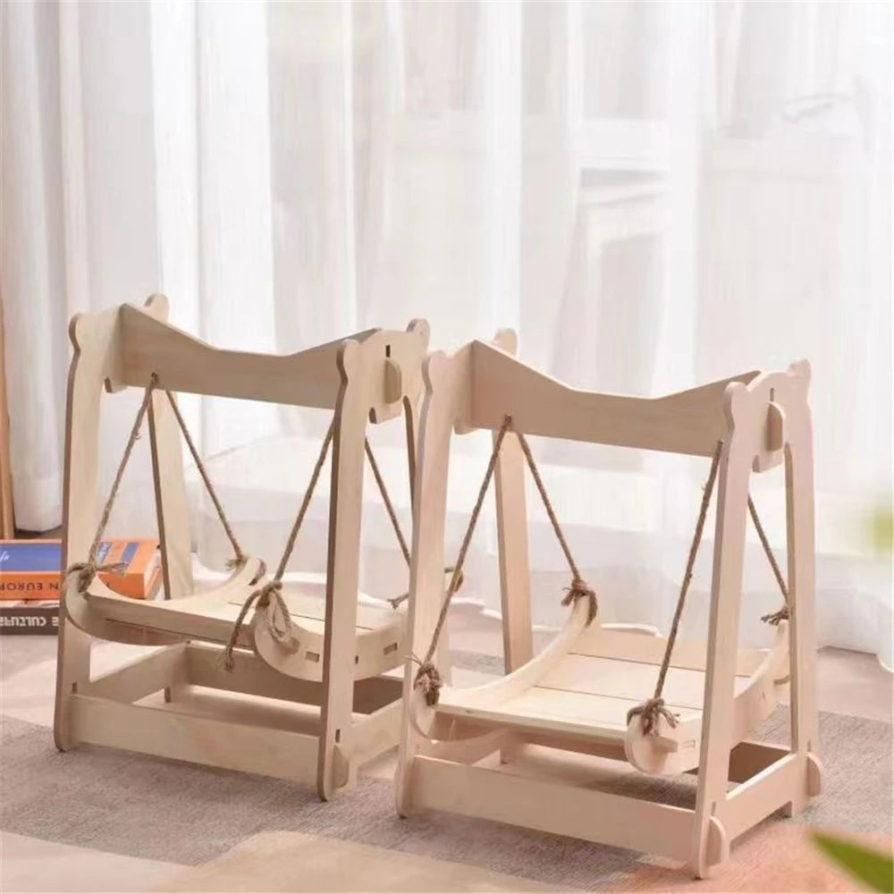 Sleeping Furniture: Wooden bed frame, hanging swing, elevated small pet nest.