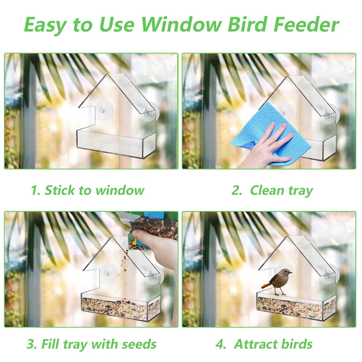 Window Wild Bird Feeder House: Transparent table with sliding tray.