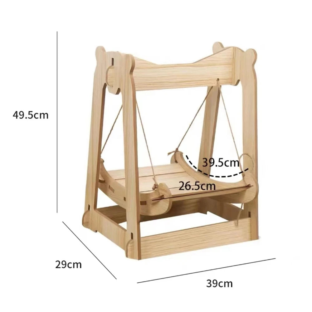 Sleeping Furniture: Wooden bed frame, hanging swing, elevated small pet nest.