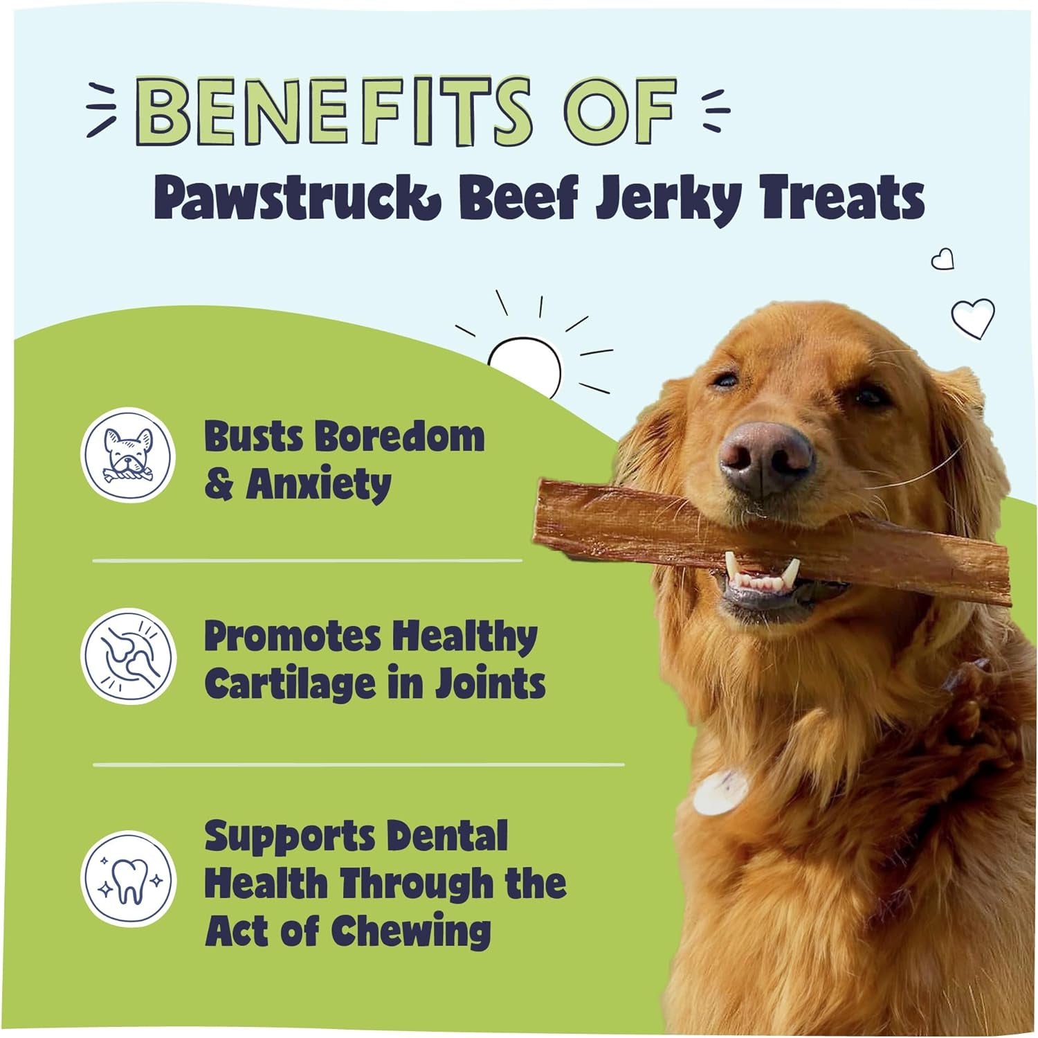 Premium Beef Jerky Dog Treat Chews: Large 10" Strips, Support Hip & Joint Health, No Added Preservatives, 15 Count