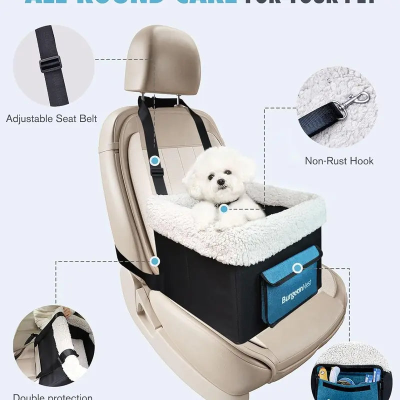 Burgeonnest Dog Car Seat for Small Dogs, Puppy Portable Dog Booster Seat for Car with Upgrade Base Design, Adjustable Straps, with Storage Pockets and Clip-On Leash Portable Dog Car Travel Carrier Bed
